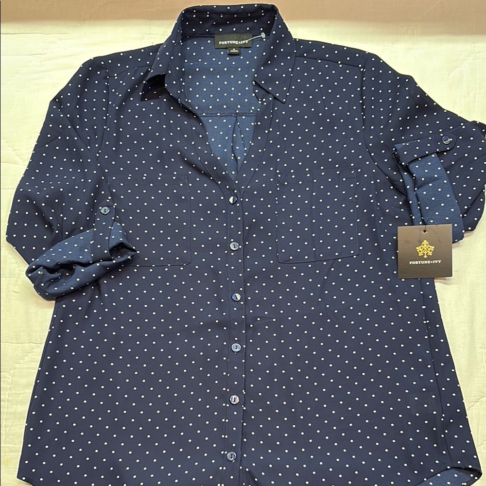 Fortune & Ivy NWT Navy‎ Blue Polka Dot Roll-Tab Sleeve Button-Down Shirt Medium